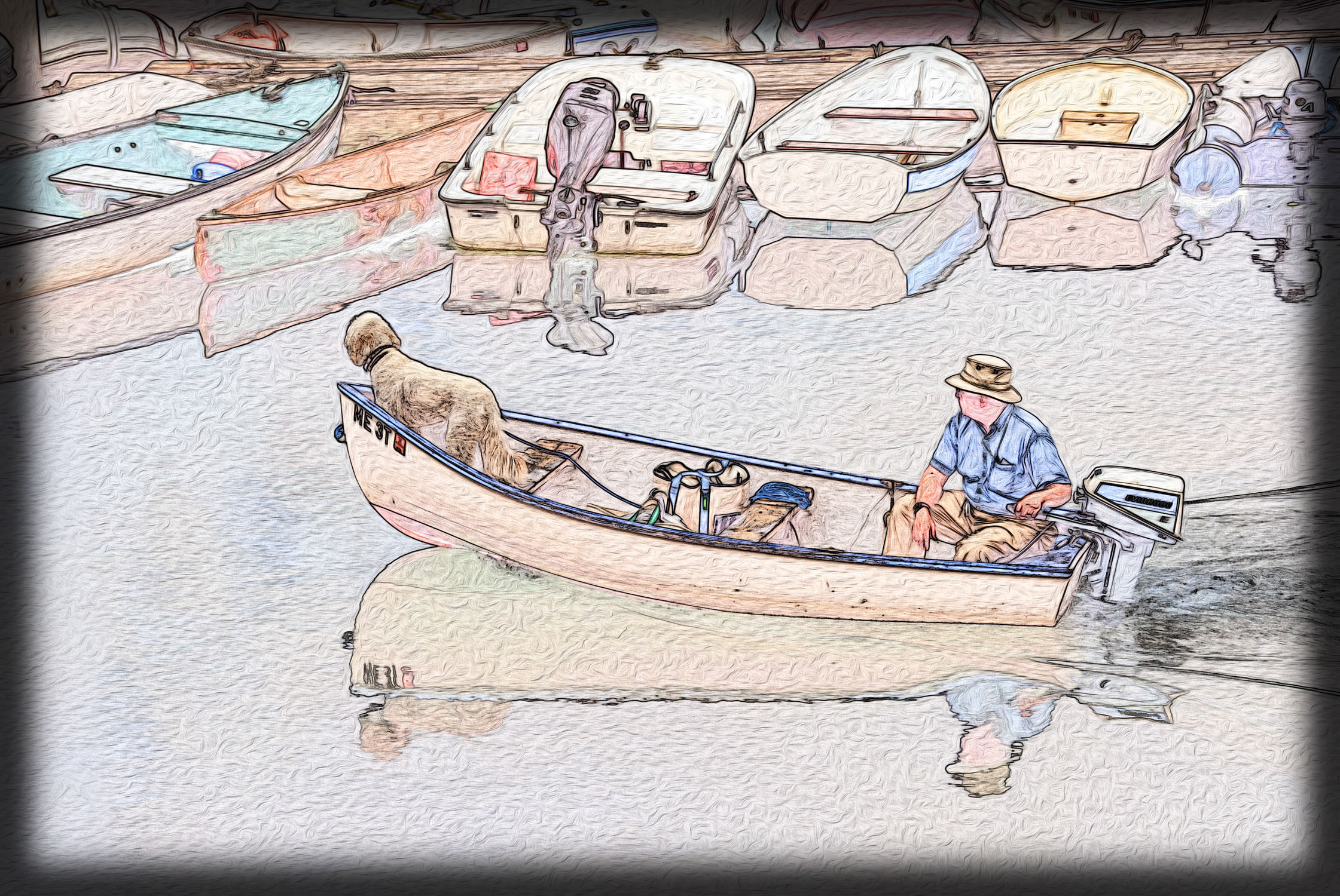 Small motorboat with a dog at the front, traveling beside moored boats, with heavy brushstrokes